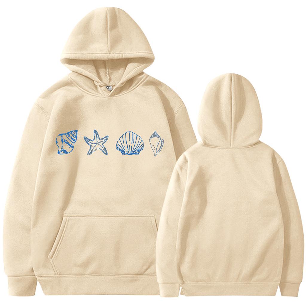 Women's Round Neck Long Sleeve Floral Print Top Hooded Sweatshirt Seashell Hoodie