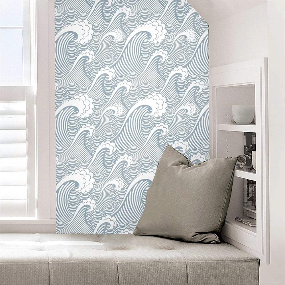 Peel And Stick Handpainting Seamless Blue White Waves Spray Self-Adhesive Prepasted Waterproof Wallpaper Wall Mural Home Decor