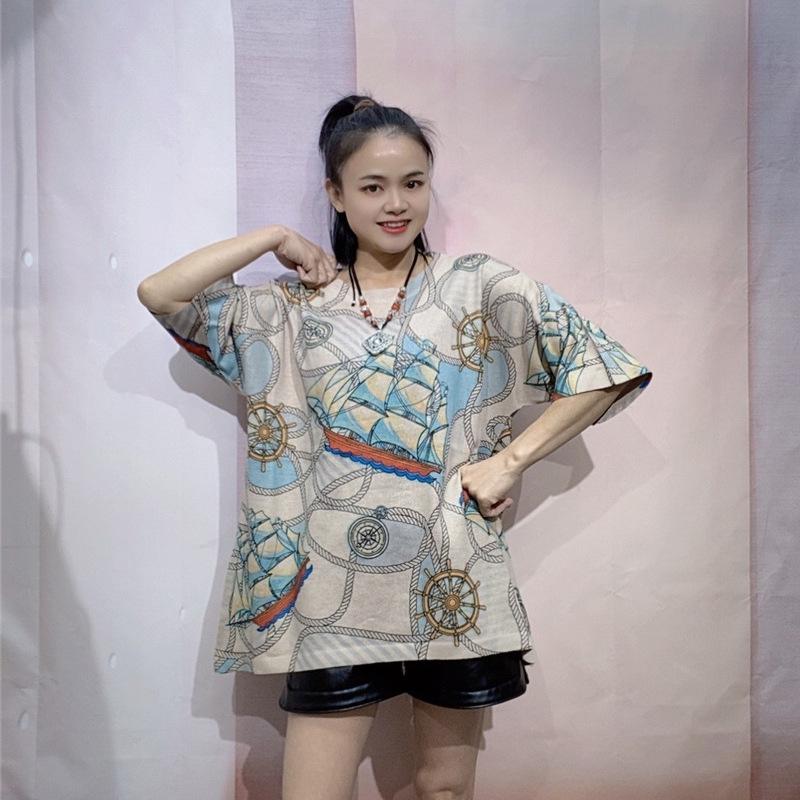 

Женский трикотажный топ высокого класса с китайским принтом - Летний свободный крой, Большой размер, Короткий рукав, Круглый вырез L