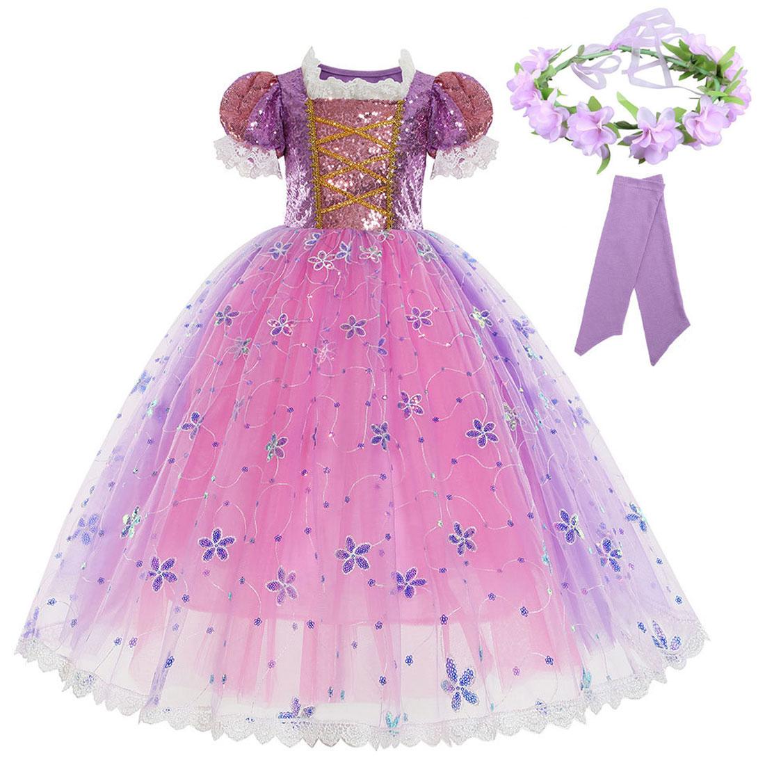 Rapunzel Korte Mouwen Paarse Pofmouw Jurk + Accessoires Meisjes Cosplay Rapunzel Zomer Casual Jurk Verjaardagsfeest Cadeau 2Y(100CM) pink