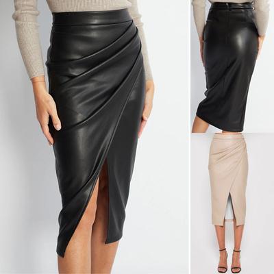Femmes jupe en cuir noir automne au dessus du genou taille haute jupe en polyuréthane décontracté femme grande taille hiver a-ligne