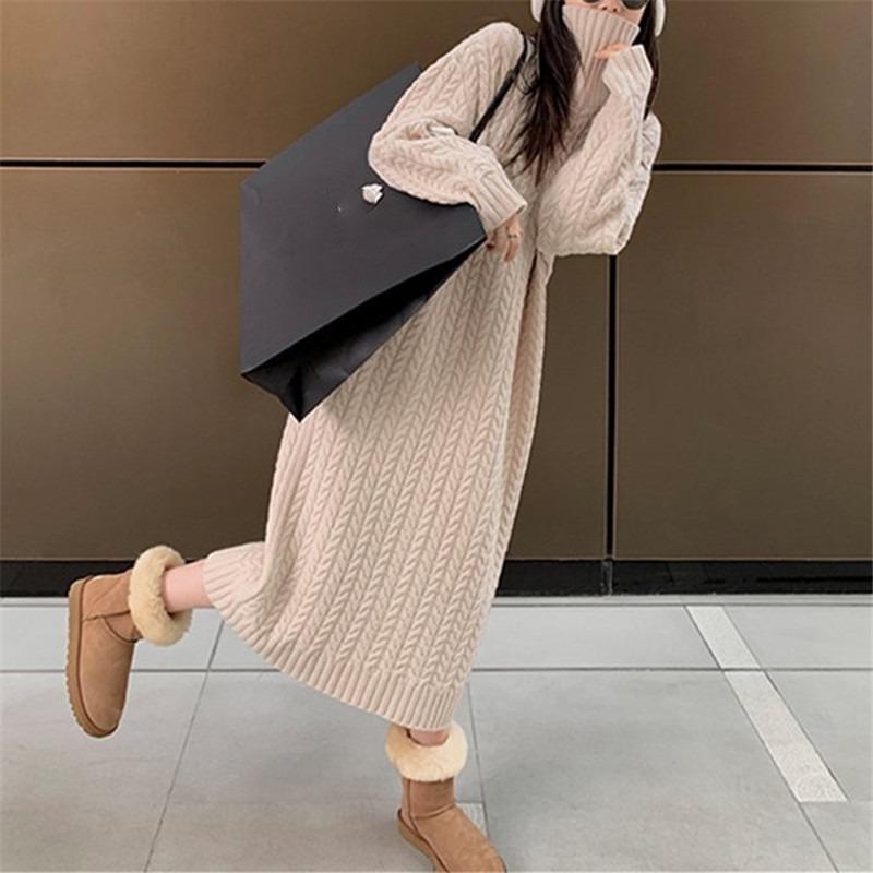 Ayollar kuz va qish yangi bo'sh va dangasa pastki trikotaj ko'ylagi ichida uzun ko'ylak bilan burama moda turtleneck sviter