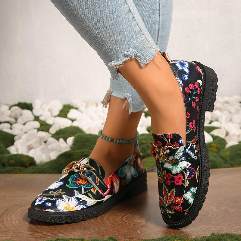Fashion Block Heel Printed Single Shoes Autumn New Round Toe Deep Mouth Metal Chain Platform Non-slip Wear-resistant Pumps