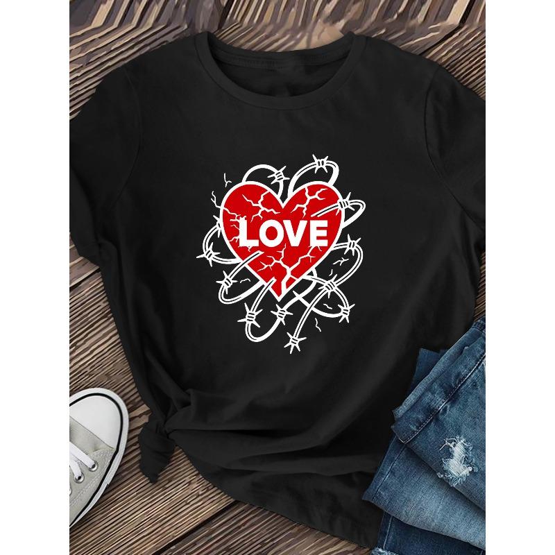 European Size Women's "Chain Heart LOVE" Printed Short-sleeved Shirt, Made of Soft and Breathable Polyester Fiber