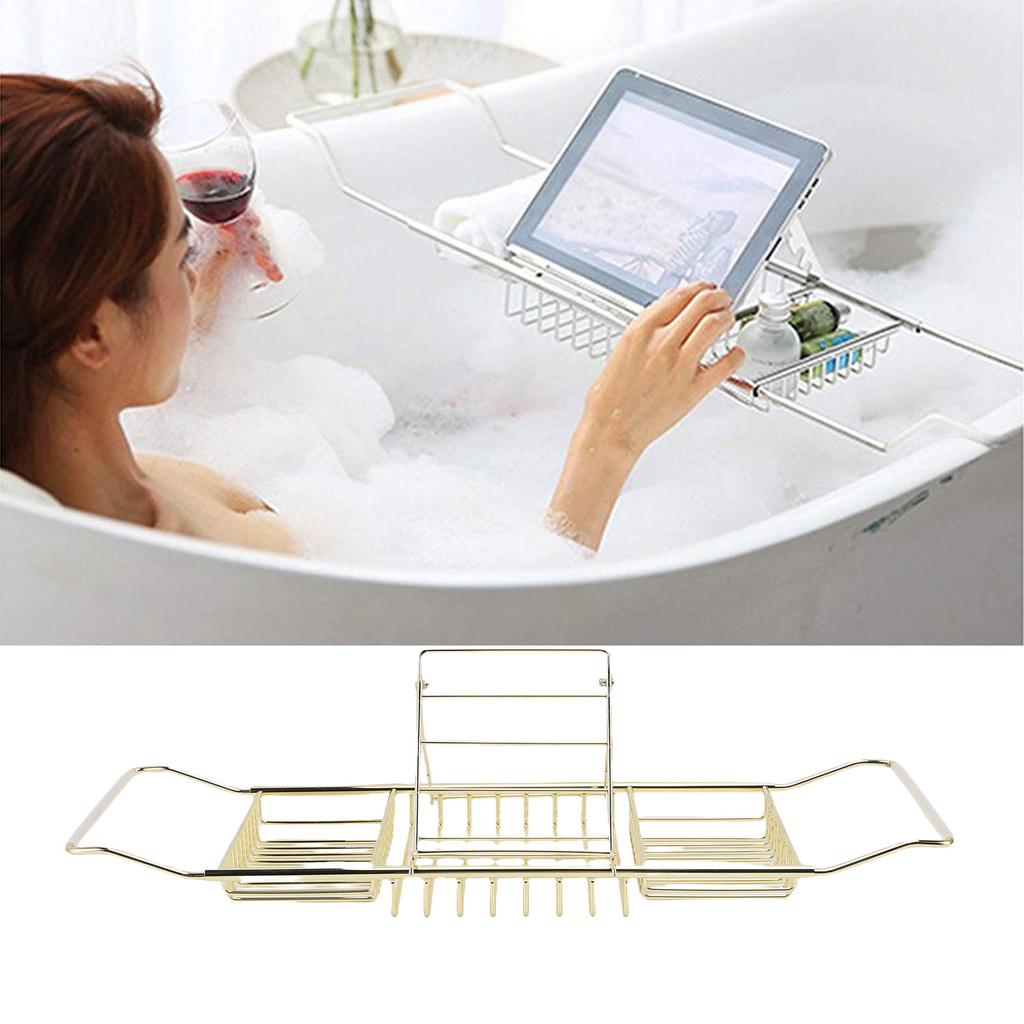 Shower Tub Tray Stainless Steel Expandable Over The Bathtub Rack with Phone Stand for Soap Shampoo