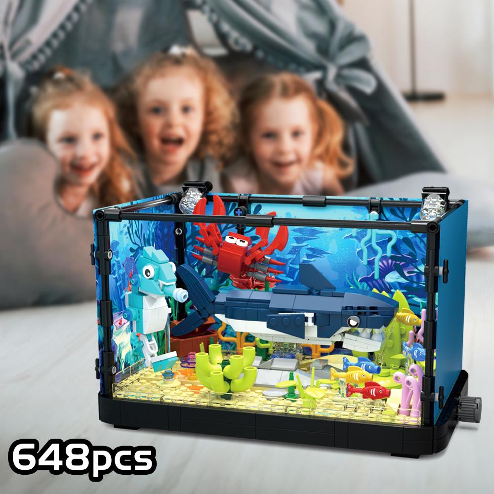 Aquarium Bausatz mit Lichtern MOC Meerwasseraquarium Meerestier Bausteine Spielzeug für Kinder 6+ Bausteine Spielzeug Geschenke
