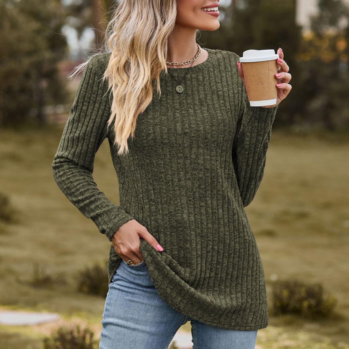 

Осінній жіночий трикотажний одяг. Жіноча повсякденна кругла горловина. Пуловер у чітку смужку. Однотонна футболка з довгим рукавом. XL армія зелений колір