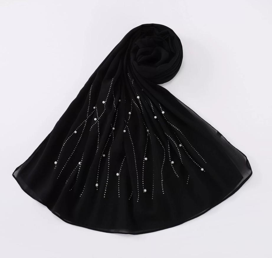 

Ramadan Muslim Chiffon Hijab With Pearls Beads Scarves With Diamonds Long Shawls Solid Headscarf Wraps Femme Muslim Hijabs
