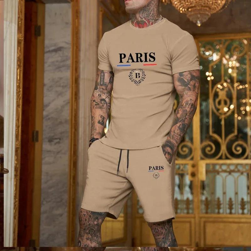 

Summer men s fashionable daily casual jogging sportswear set, breathable short-sleeved T-shirt + shorts two-piece set XL