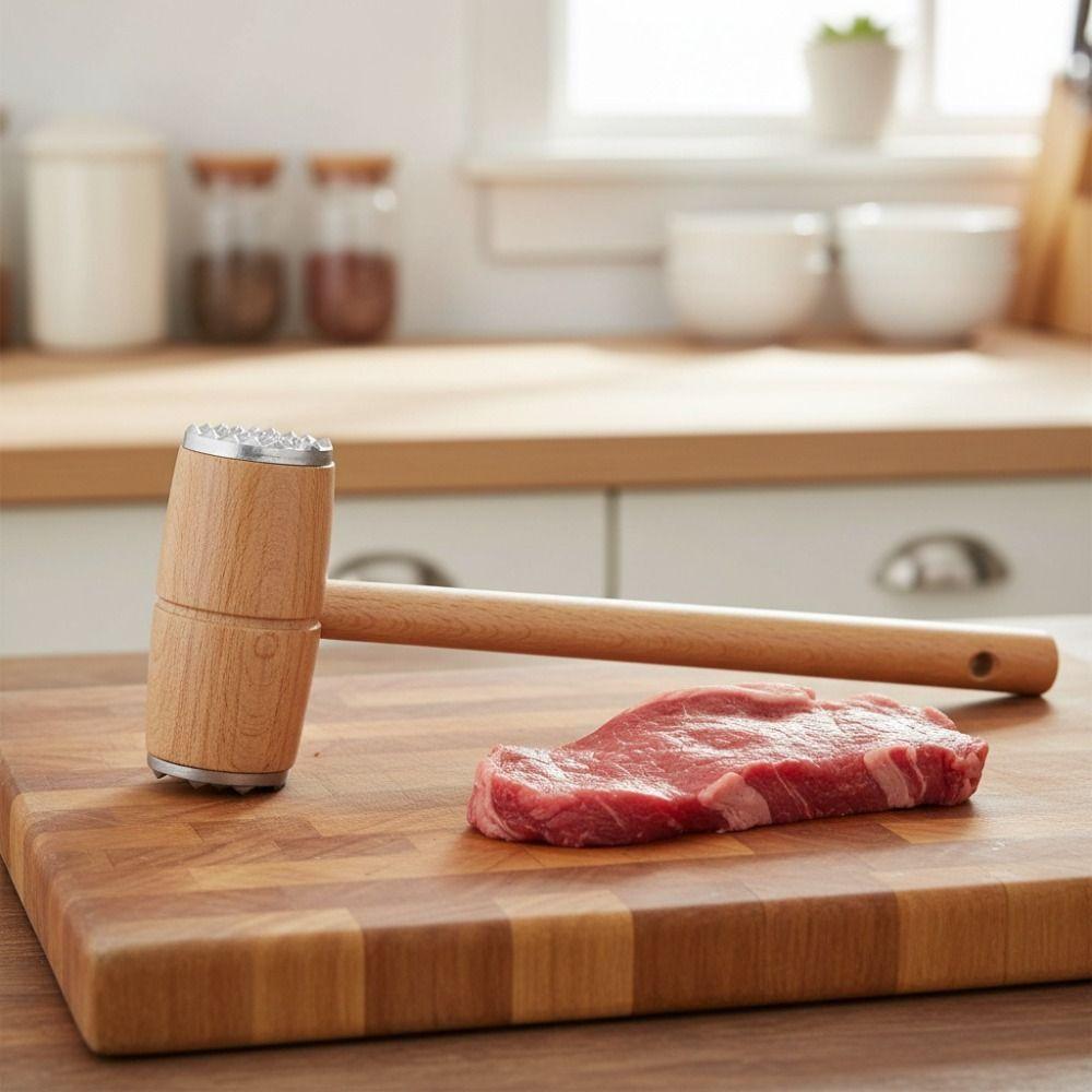 Durable Wooden Double Sided Meat Tenderizer Hammer Non-slip Handle Metal Head Meat Tender Handlheld Meat Mallet Steak