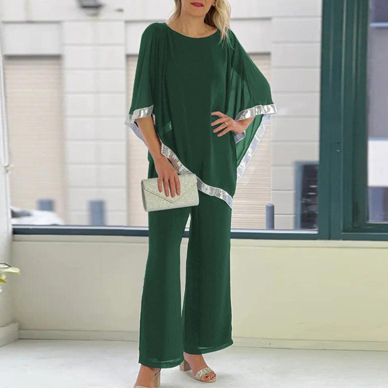 2025 Autumn Sequin Batwing Top & Wide Leg Pants Set - Round Neck, Two-Piece Ensemble