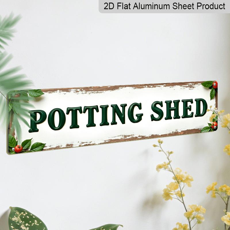 2D Flat, 1pc, 3.94 X 15.74 Inches Aluminum Decorative Sign - Vintage-Style Potting Shed Sign, Featuring A Rustic Green and White Decorative Plaque