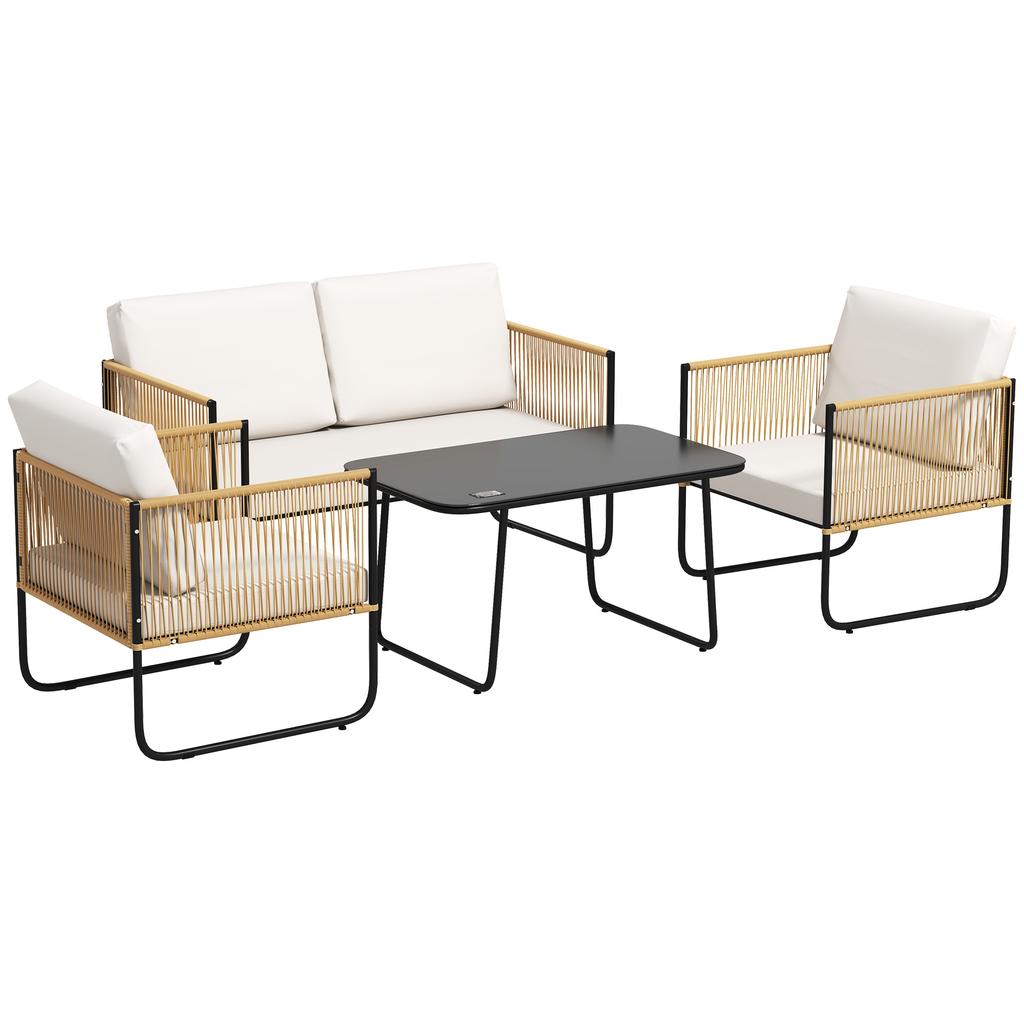 4-Piece Garden Furniture Set with 2-Seater Sofa, 2 Armchairs, 1 Glass Coffee Table and Cushions – Cream White