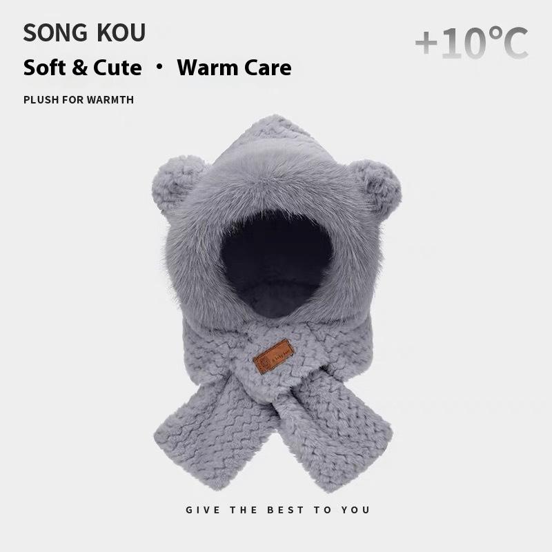 Scarf Hat Integrated Autumn and Winter Warm Plush Thickened Imitation Rabbit Fur Cute Ear Protection Hat