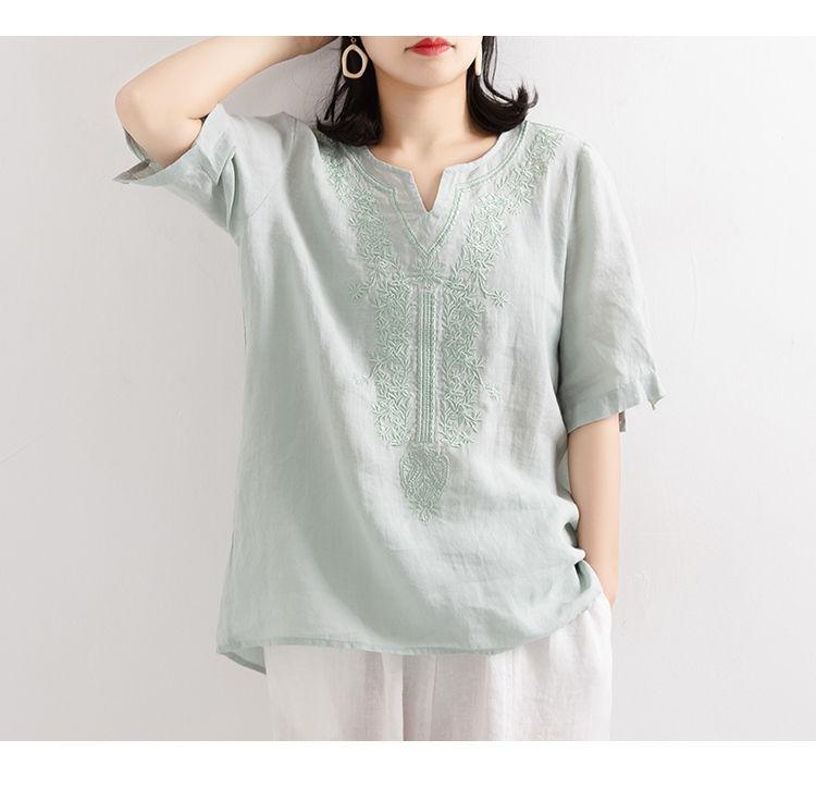 

Новая рубашка из хлопка и льна с вышивкой и V-образным вырезом больших размеров 2XL светло-зеленый