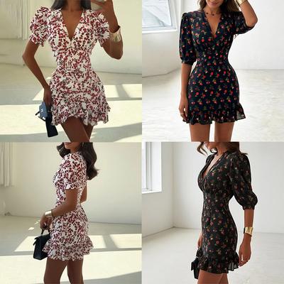 New Summer Models, European and American Women's Clothing, Fashionable and Elegant V-neck Printed Ruffle Edge Dress