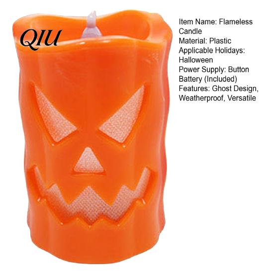 Battery Operated Spooky Candle Flameless Halloween with LED Light, Ghost Face Pumpkin Skull Design 3D Textured Safe Indoor Outdoor