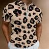 Women Short Sleeve Polo Shirt Light Khaki Dense Brown Leopard Spot Print Half Zip Lapel Top