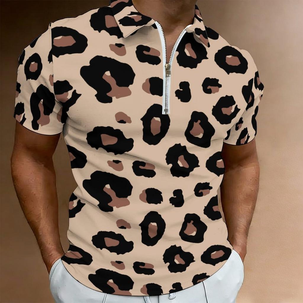 Women Short Sleeve Polo Shirt Light Khaki Dense Brown Leopard Spot Print Half Zip Lapel Top