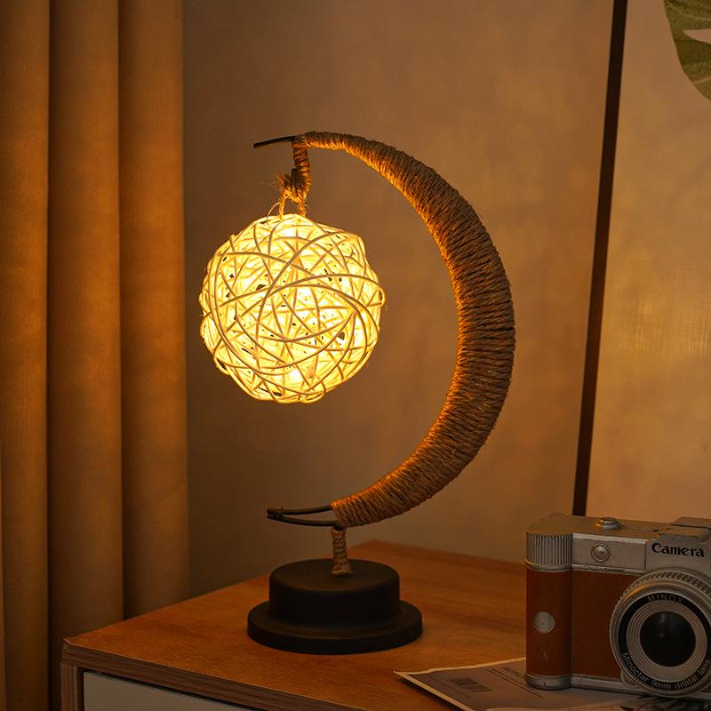 LED Star and Moon Vine Ball Desk Lamp with Hemp Rope and Iron Art - USB Decorative Night Light