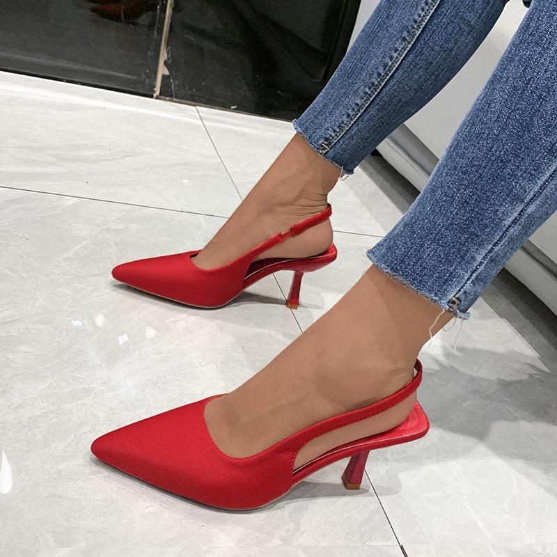 Spring new pointed thin heel medium heel single shoes empty bag head sandals high heels green large size women's shoes