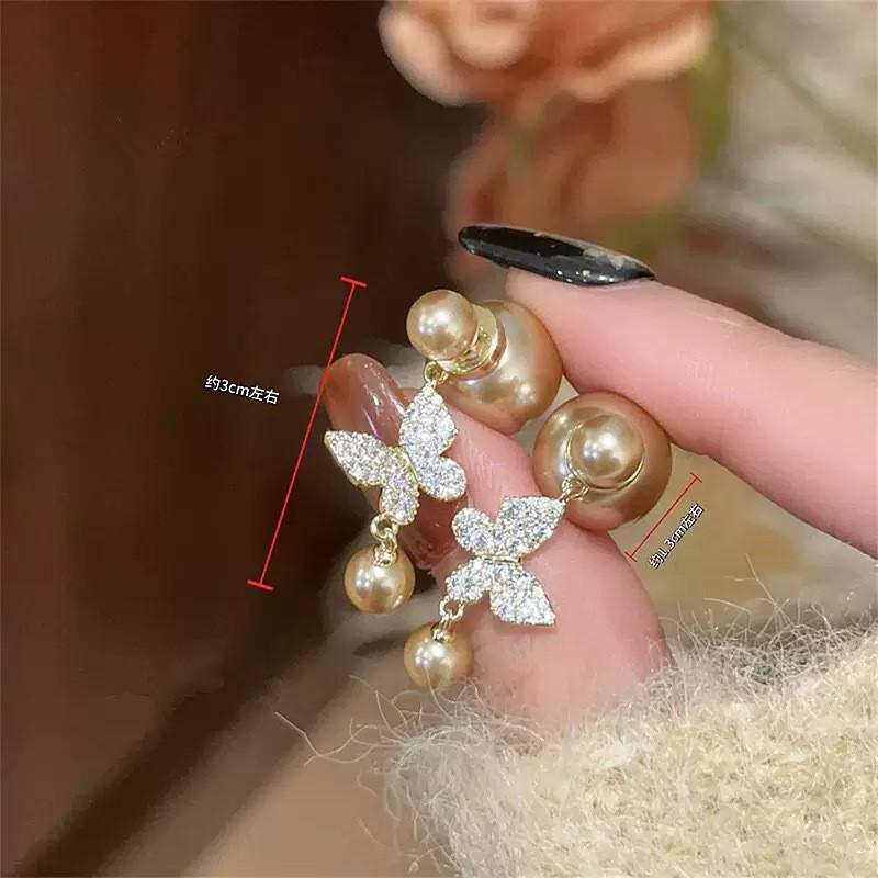 Exquisite French Champagne Pearl Butterfly Pendant Earrings for Women - Light Luxury, Niche Design Studs