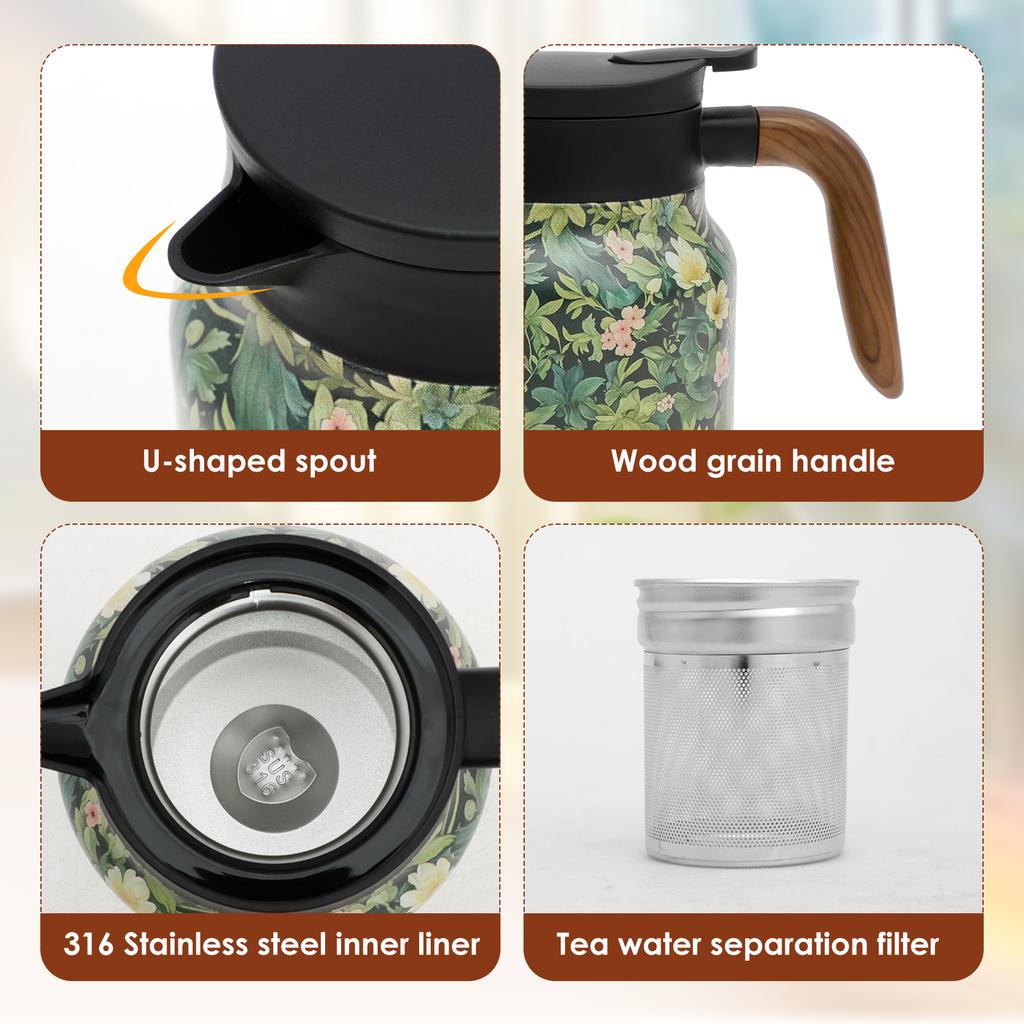 1L Thermal Tea Pot with Handle and Built In Infuser Stainless Steel Insulated Tea Kettle Flower Pattern Insulated Infuser Pots