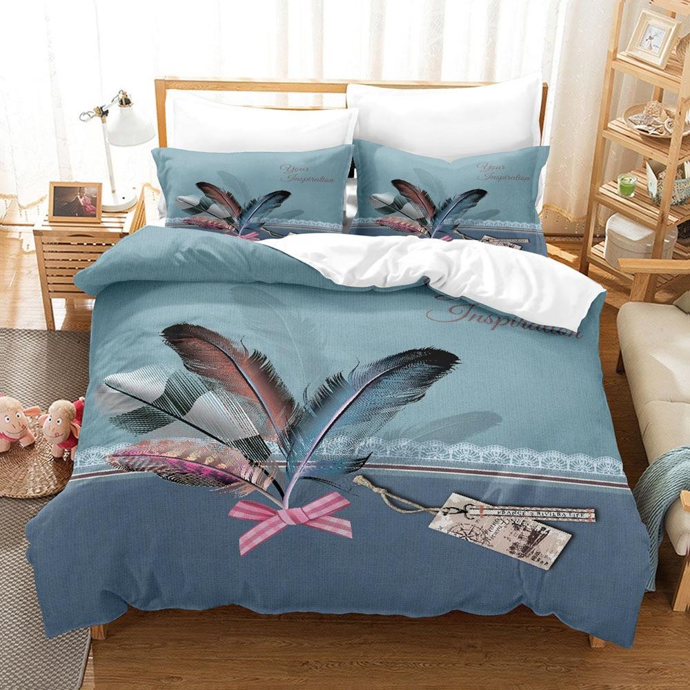 Vintage Court Print Bettbezug, Digitaldruck Blume Feder Dreiteiliges Set