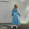 New Autumn Sexy Slit Dress for Women, Long Wrinkle Fabric Midi Skirt Female French Style Long Sleeve Square Neck Dress