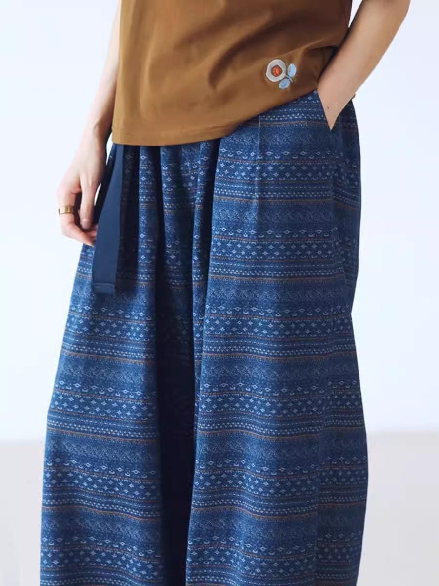 Women s Ethnic Jacquard Wide-Leg Elastic Denim Pants - Spring & Autumn Casual Versatile Style Medium