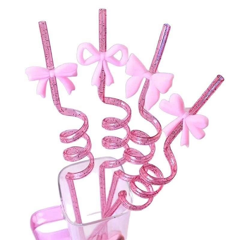 12PCS Pink Decorative Bows Spirals Straw With Detachable Design For Juice Cocktails And Milkshakes