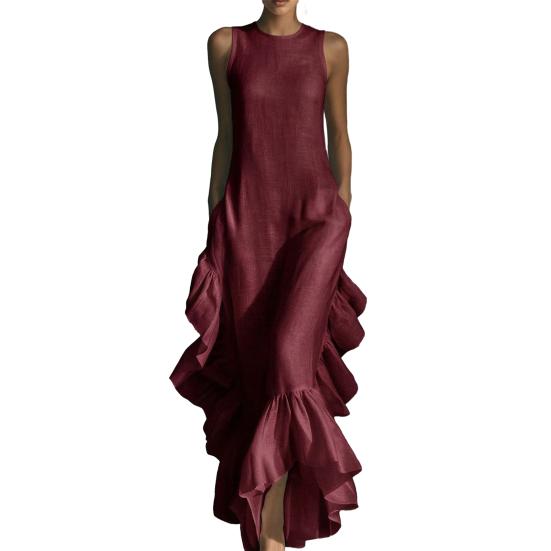 Women s Sleeveless Dress Ruched Elegant Swing Dress Ruffle Hem Dress Crew Neck Beach XXXL вино красного