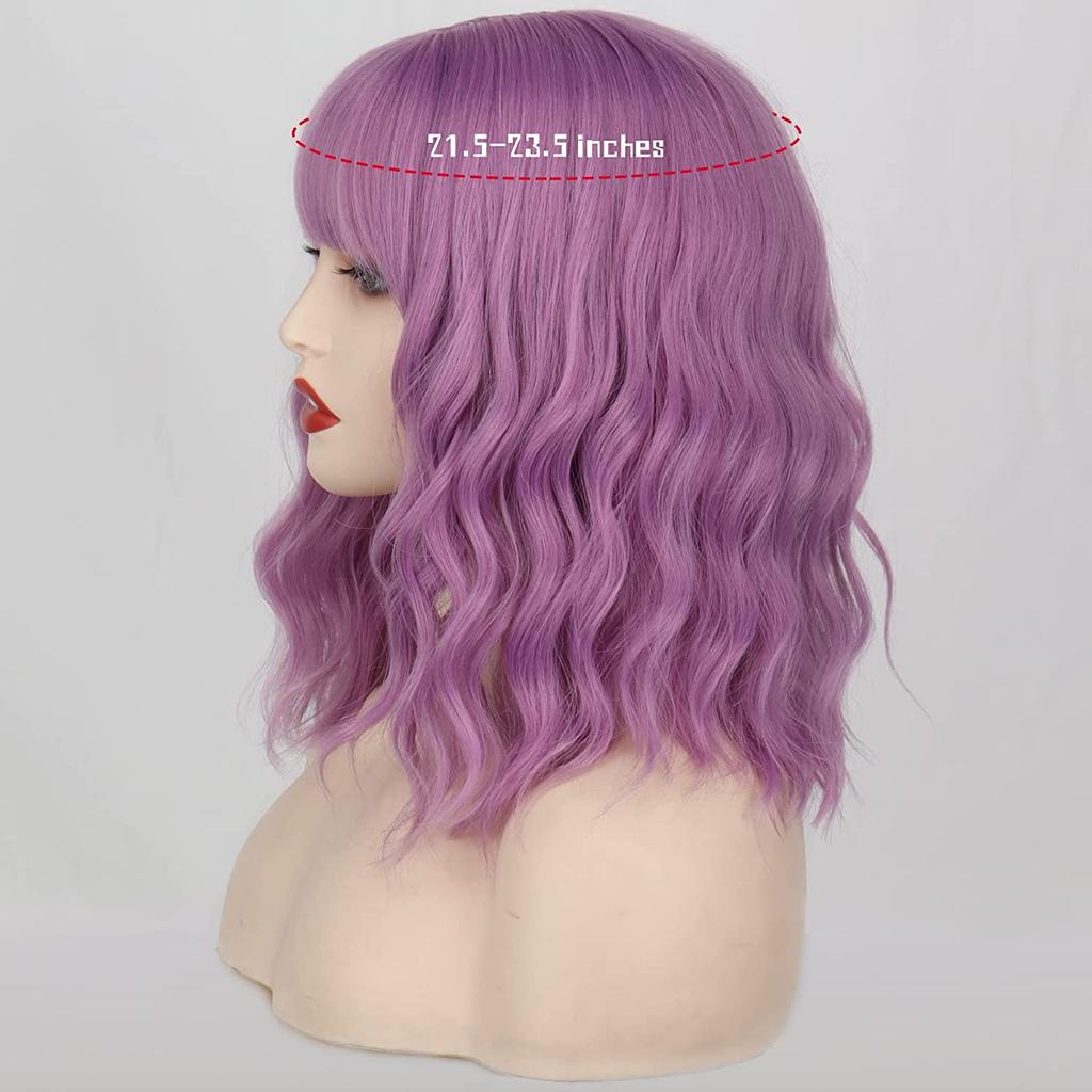 MISSQUEEN Perucă ondulată naturală până la umăr pentru femei cu breton Perucă ondulată violet din fibră sintetică pentru petrecerea cosplay de Halloween