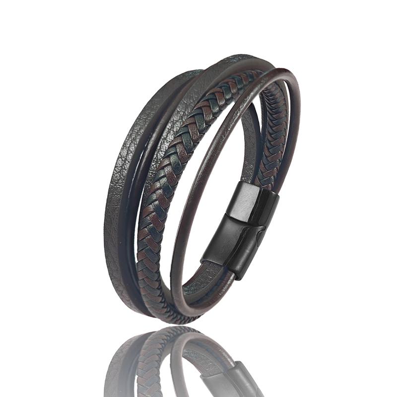 Vintage Men Leather Bracelet Brown Braided Multi-layer Stainless Steel Clasp Casual Wristband Jewelry Gift for Boyfriend