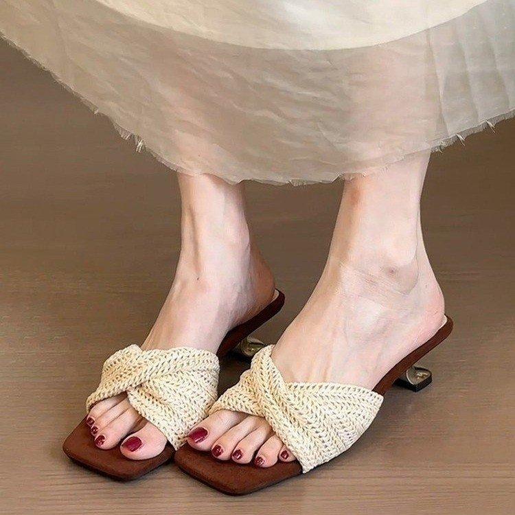 Soft leather version! Woven wedge heel Roman sandals women's design sense holiday style beach thick sole cool slippers women's summer wear