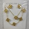 13mm Clover Pendant Necklace Bracelet Earring Set 18K Gold Plated Stainless Steel Jewelry Women Men