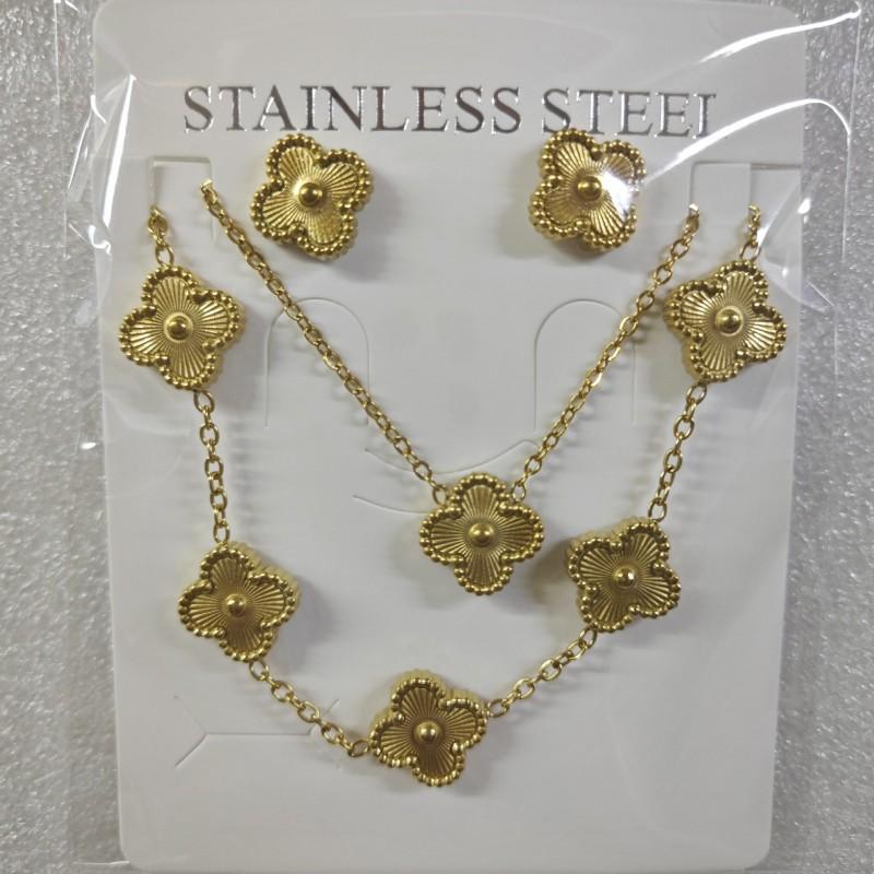 13mm Clover Pendant Necklace Bracelet Earring Set 18K Gold Plated Stainless Steel Jewelry Women Men