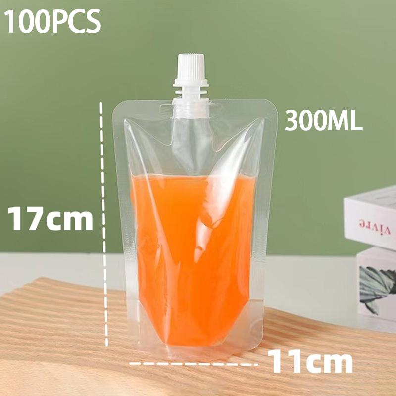 100 шт. Самостоящий пакет-пакет с носиком для жидкости / Прозрачный пластиковый контейнер для напитков Пакеты с носиком для хранения сока 300ML 100PCS