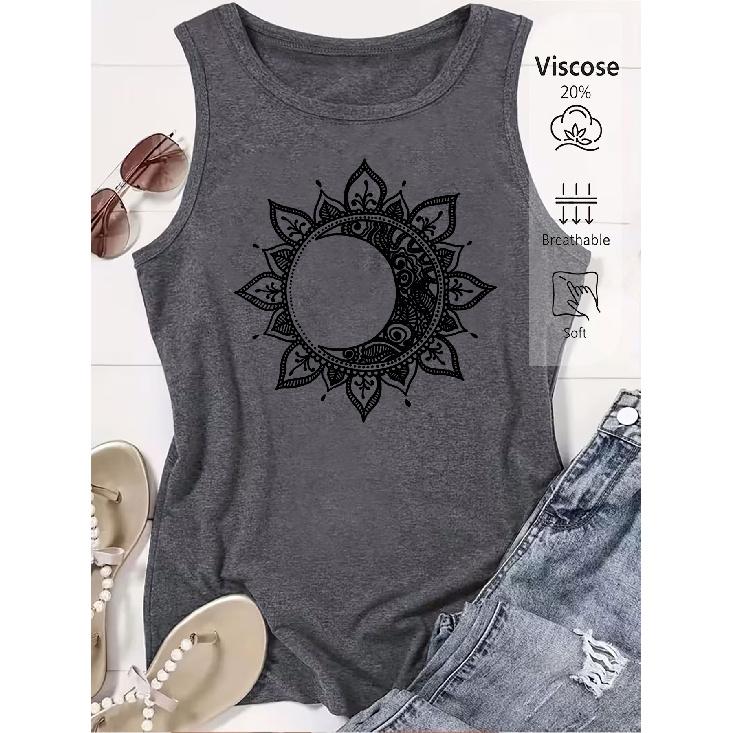 Black Mandala Sun And Moon Print Loose Women Sleeveless Summer Vest