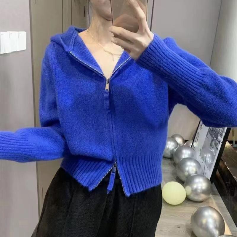 Blue Knitted Zipper Shirt Women's Autumn New Hooded Jacket Short Super Small Jacket Sweater