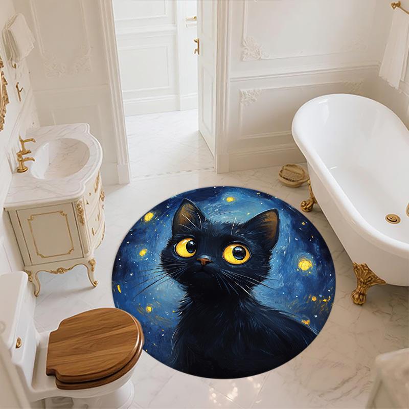 Night Cat Round Area Rug,Carpet Rug for Living Room Bedroom Sofa Playroom Decor,Non-slip Floor Mat