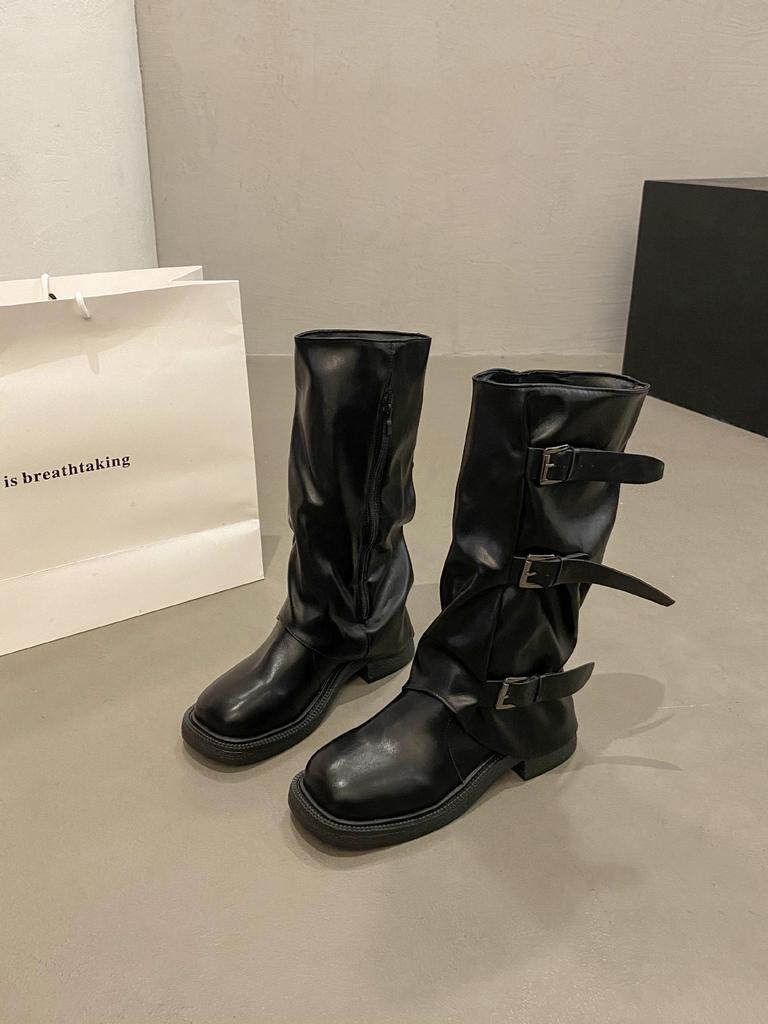Wind retro stacked medium boots cowboy boots western old new pleated wasteland boots belt buckle women