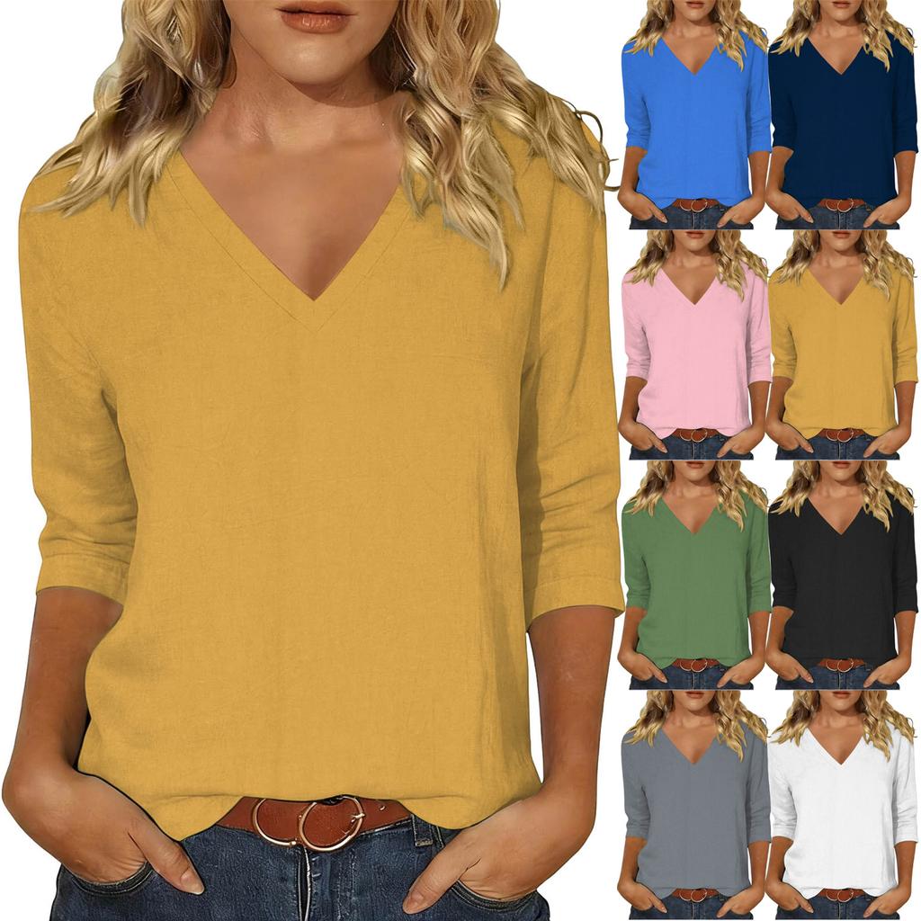 Damen V-Ausschnitt Locker Geschnittenes T-Shirt Lässiges Leinen Baumwollmischung Oberteil Langarm Basic Pullover Entspannte Passform Bluse für den Täglichen Gebrauch