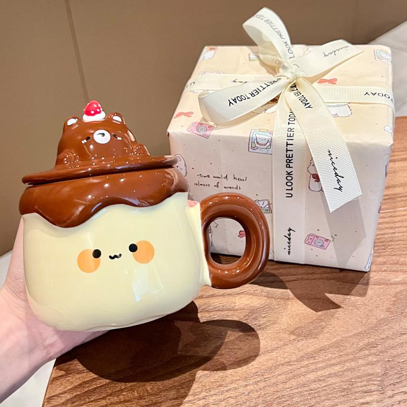Gift Super Cute Pudding Mug Household Ceramic Water Cup with Lid Spoon Coffee Cup Souvenir