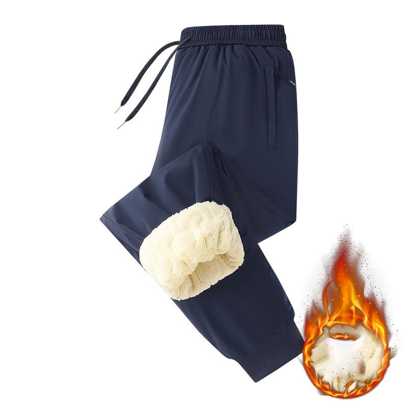 Winter Men's Drawstring Pocket Fleece-Lined Cuffed Casual Pants Comfortable Plush-lined Outdoor Trousers Male Thermal Pants