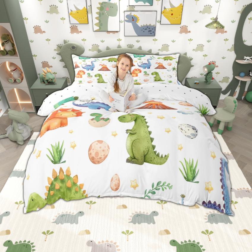 Homewish Cartoon Dinosaur Duvet Cover Set For Kids Boys Girls 2Pcs/3Pcs Cute Dino Bedding Kawaii Animal Comforter Cover Set