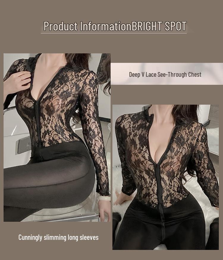 Yi Jin Women's Lace See-Through Bodycon Lingerie with Double-Headed Zipper and Open Crotch