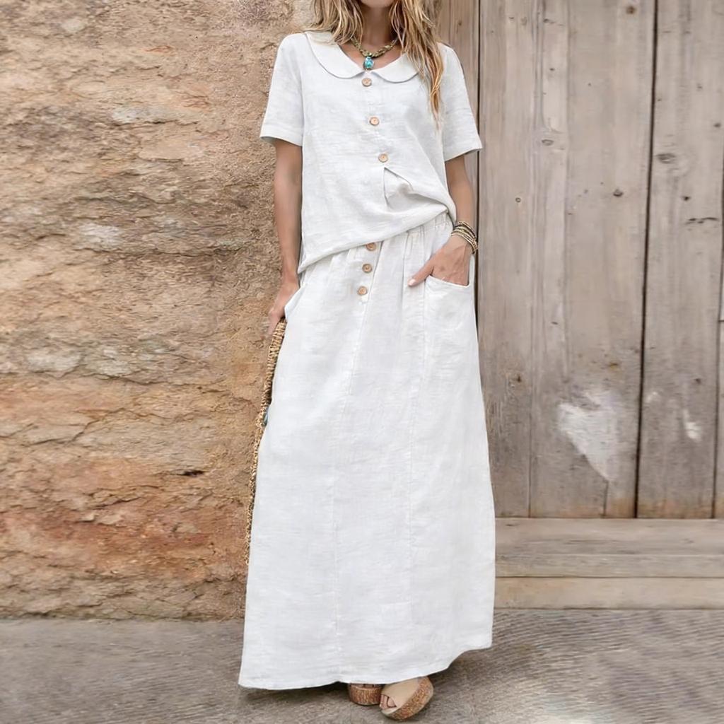 Women's Fashionable Loose-Fit Cotton-Linen Blend Top And Skirt Two-Piece Casual Set
