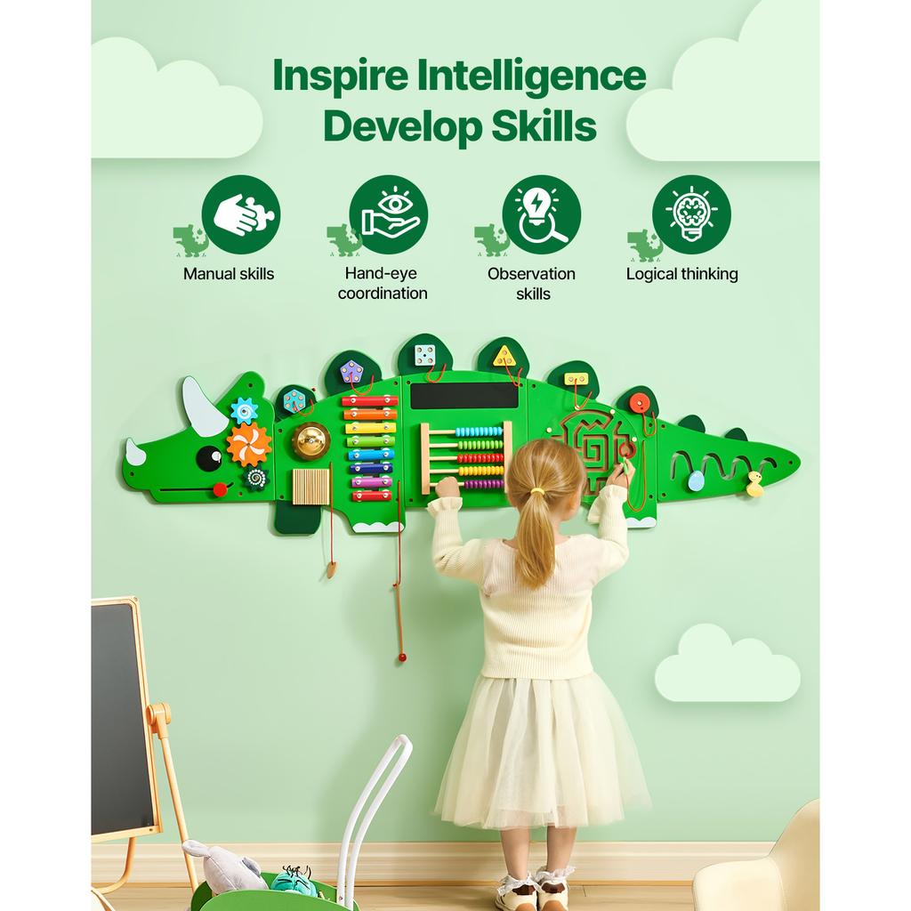 SucceBuy Dinosaur Kids Busy Wall Board 11 Activity Panels Montessori Sensory Learning Toys for 3-12 Toddler Playroom Toy Gift