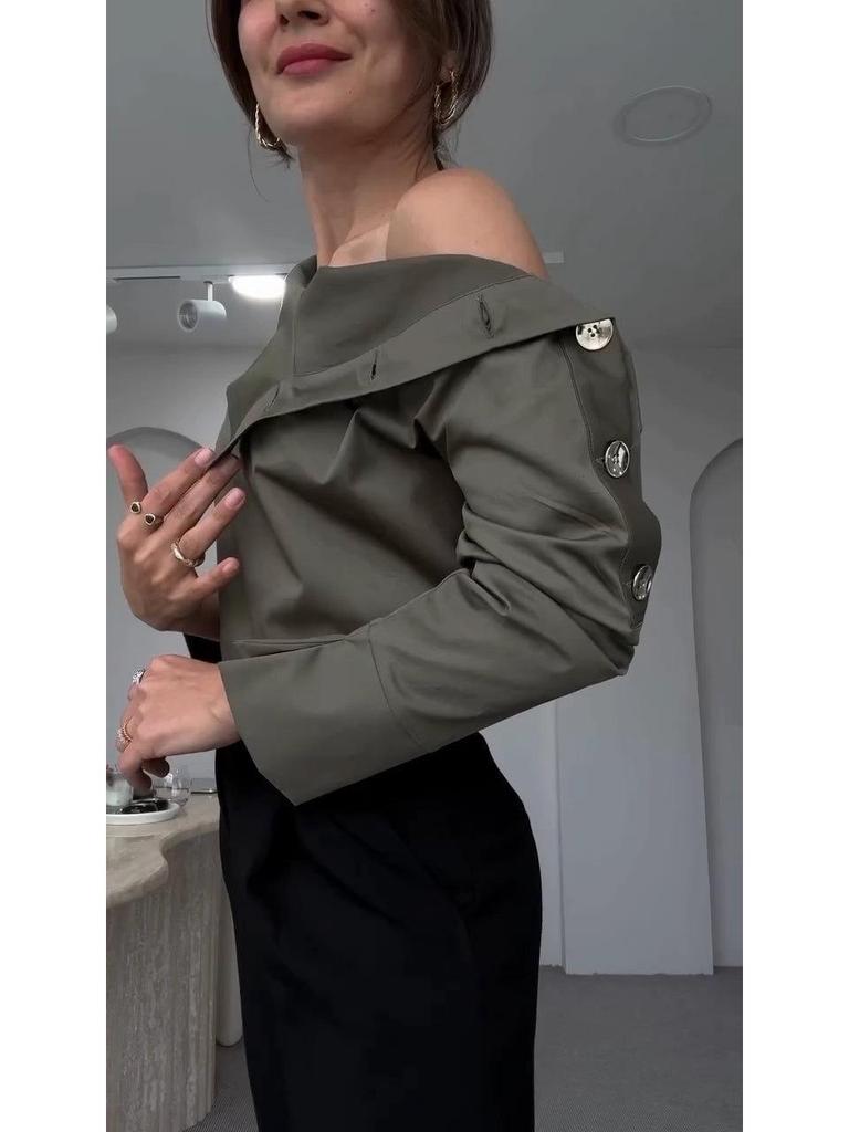 2025 Europeisk & Amerikansk Mode Off-Shoulder Hög Hals Enfärgad Dam Skjorta